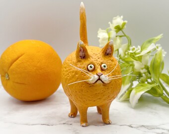 Fat Orange Kitty, whimsical orange cat figurine, hand painted polymer clay sculpture, one of a kind cat lover gift