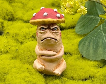 Grumpy Mushroom creature, whimsical fungus, angry fantasy forest figurine, unique original art gift