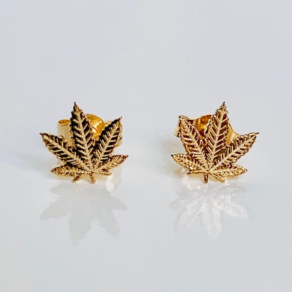 14K Solid Yellow Gold Tiny Delicate Marijuana Leaf / Cannabis Leaf Stud Earrings 5.5mm x 5.5mm