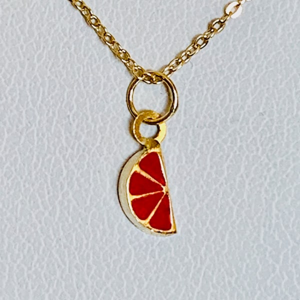 14K Yellow Gold Tiny Delicate Red Enamel 3D Grapefruit Slice / Blood Orange Pendant / Charm with optional 14K Gold Cable Link Chain