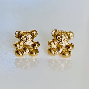 14K Solid Gold Puffy Teddy Bear Post Earrings / Stud Earrings - Etsy