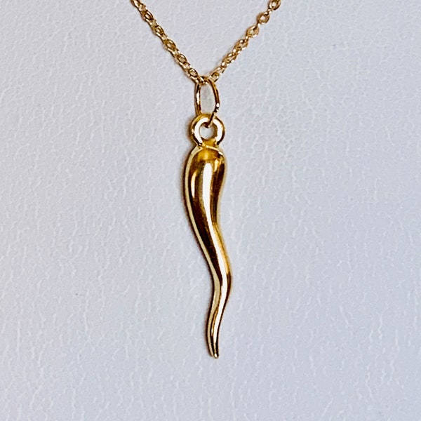 14K Gold 24mm Italian Horn Charm / Pendant - Corno 3D Cornicello Good Luck Devils Horn optional 14K Gold Cable Link Chain