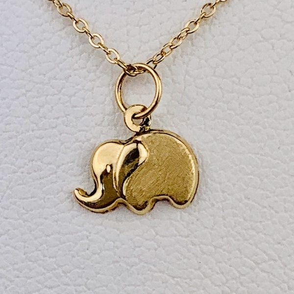 14K Solid Yellow Gold Small Elephant Charm 10mm - optional 14K Gold Cable Link Chain