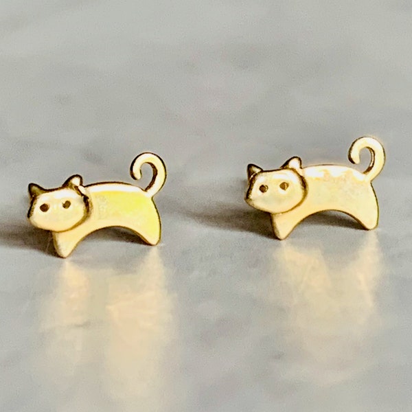 14K Solid Gold Tiny Delicate Cat Stud Earrings / Kitty Studs - Single or Pair