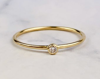 14K Solid Gold 1mm Stacking Ring / Stackable Ring with Genuine Diamond - Size 6 US