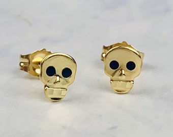 14K Solid Gold Small Skull Stud Earrings with Black Hot Enamel Eyes - 5.5mm x 4mm