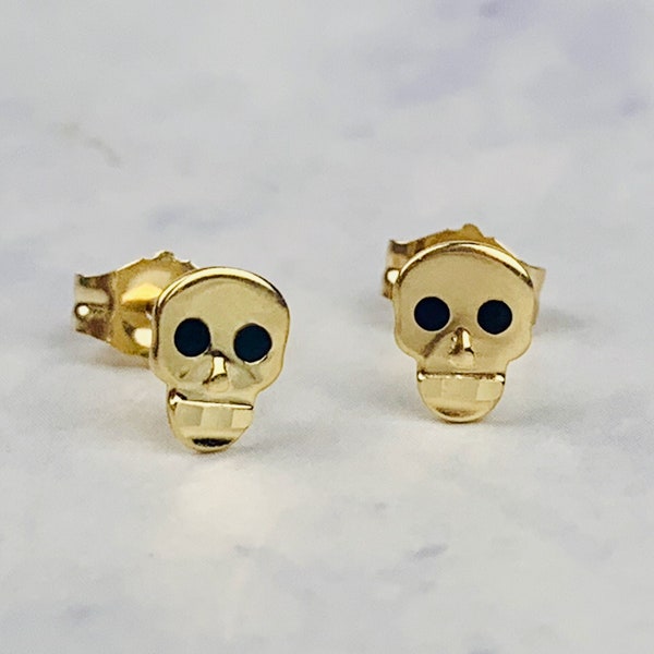 14K Solid Gold Small Skull Stud Earrings with Black Hot Enamel Eyes - 5.5mm x 4mm