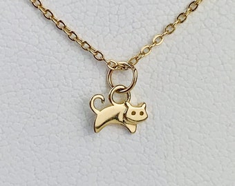 14K Solid Yellow Gold Tiny Delicate Cat / Kitty Charm 6mm x 4.5mm optional 14K Gold Cable Link Chain 16" or 18"