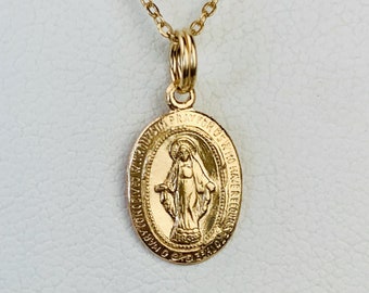 14K Yellow Gold Miraculous Medal: Virgin Mary Charm Pendant