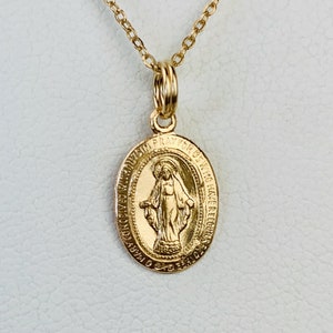 14K Yellow Gold Miraculous Medal: Virgin Mary Charm Pendant