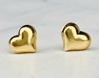 14K Yellow Gold Puffy Heart Stud Earrings - Solid Gold