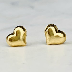 14K Yellow Gold Puffy Heart Stud Earrings - Solid Gold