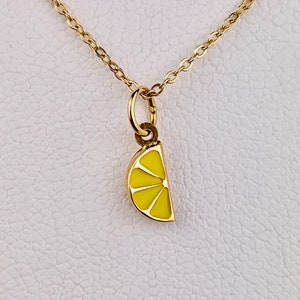 14K Yellow Gold Tiny Delicate Enamel 3D Lemon Slice Pendant / Charm with optional 14K Gold Cable Link Chain