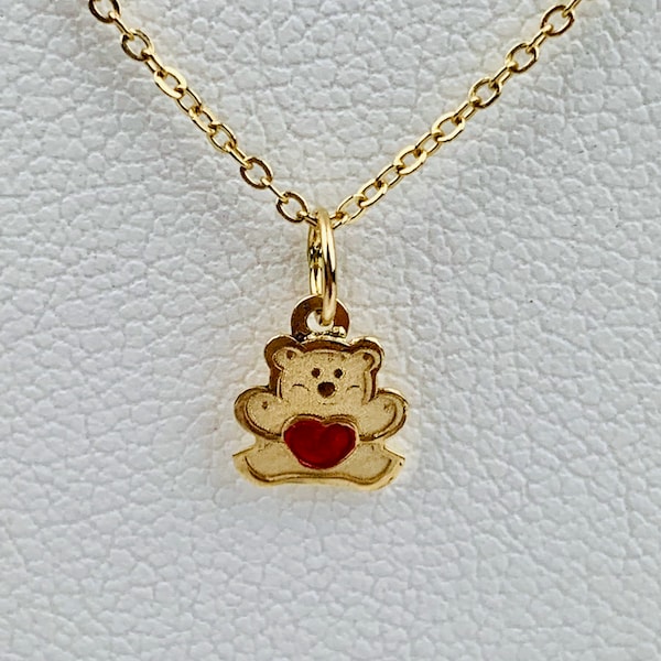 14K Solid Yellow Gold Tiny Delicate Enameled Teddy Bear with Red Heart Charm / Pendant 7.6mm x 6.5mm