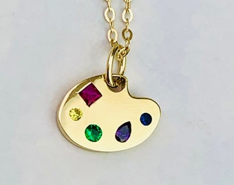 9K Solid Yellow Gold Artist's Palette Charm with Multi color CZ stones  *optional 14K Gold Cable Link Chain 16" or 18"
