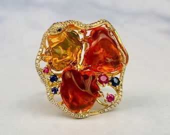 Estate 18k Yellow Gold Triple Mexican Fire Opal Diamond / Sapphire / Ruby Statement Ring / Designer Fine Jewelry