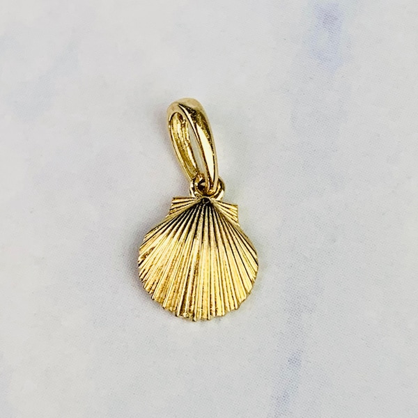 14K Solid Yellow Gold Small Etched Seashell Charm 6.7mm x 8.5mm optional 14K Gold Cable Link Chain 16" or 18"