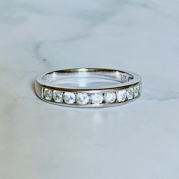 Vintage 925 Silver Round Cut Diamonique CZ Chanel Setting Half Eternity Ring / DQCZ Ring - Size 8.25 US