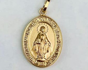 14K Yellow Gold Miraculous Medal Pendant: Virgin Mary Charm