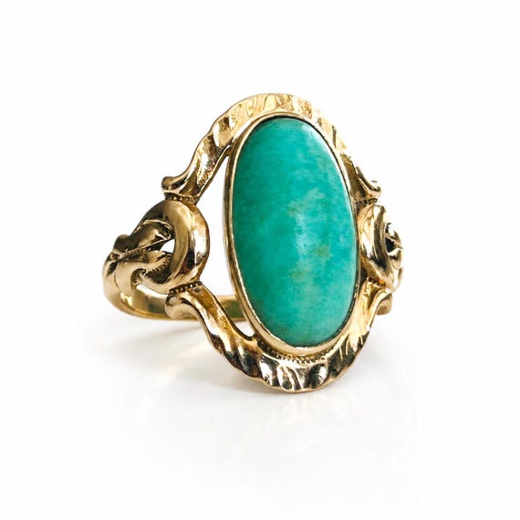 Vintage 10K Gold Turquoise Cabochon Ring, Ornate Knotted Shoulder Ring, Statement Oval Turquoise Ring, Size 8 US / UK P 1/2 View 2