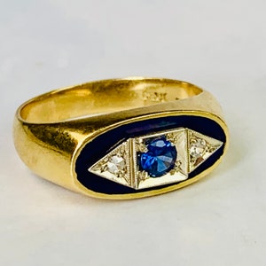 California Estate - Antique 22K Gold Blue Enamel Panel Sapphire & Diamond Trio Ring / Boat Ring - Size 6.25 US - Brentwood, California