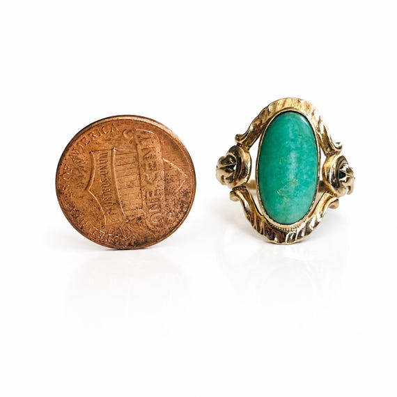 Vintage 10K Gold Turquoise Cabochon Ring, Ornate Knotted Shoulder Ring, Statement Oval Turquoise Ring, Size 8 US / UK P 1/2 View 5
