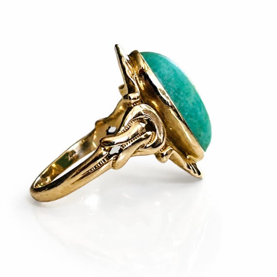 Vintage 10K Gold Turquoise Cabochon Ring, Ornate Knotted Shoulder Ring, Statement Oval Turquoise Ring, Size 8 US / UK P 1/2 View 3