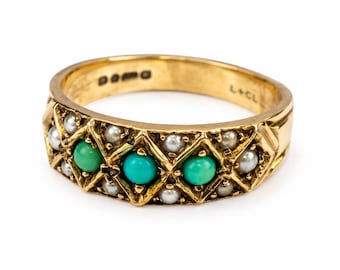 Anello antico in oro 9 carati con turchese e perle, oro giallo 375 con punzone britannico, fascia geometrica a mezzo cerchio, misura US 4.5 / UK 1 1/2