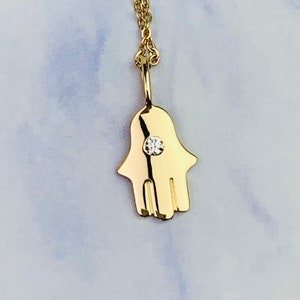 14K Solid Yellow Gold Hamsa Hand Charm with CZ / Necklace *optional 14K Gold Cable Link Chain 16&quot; or 18&quot;