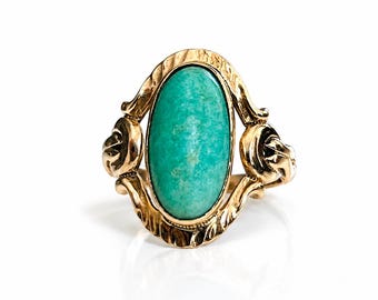 Vintage 10K Gold Turquoise Cabochon Ring, Ornate Knotted Shoulder Ring, Statement Oval Turquoise Ring, Size 8 US / UK P 1/2
