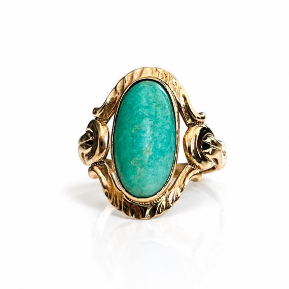 Vintage 10K Gold Turquoise Cabochon Ring, Ornate Knotted Shoulder Ring, Statement Oval Turquoise Ring, Size 8 US / UK P 1/2