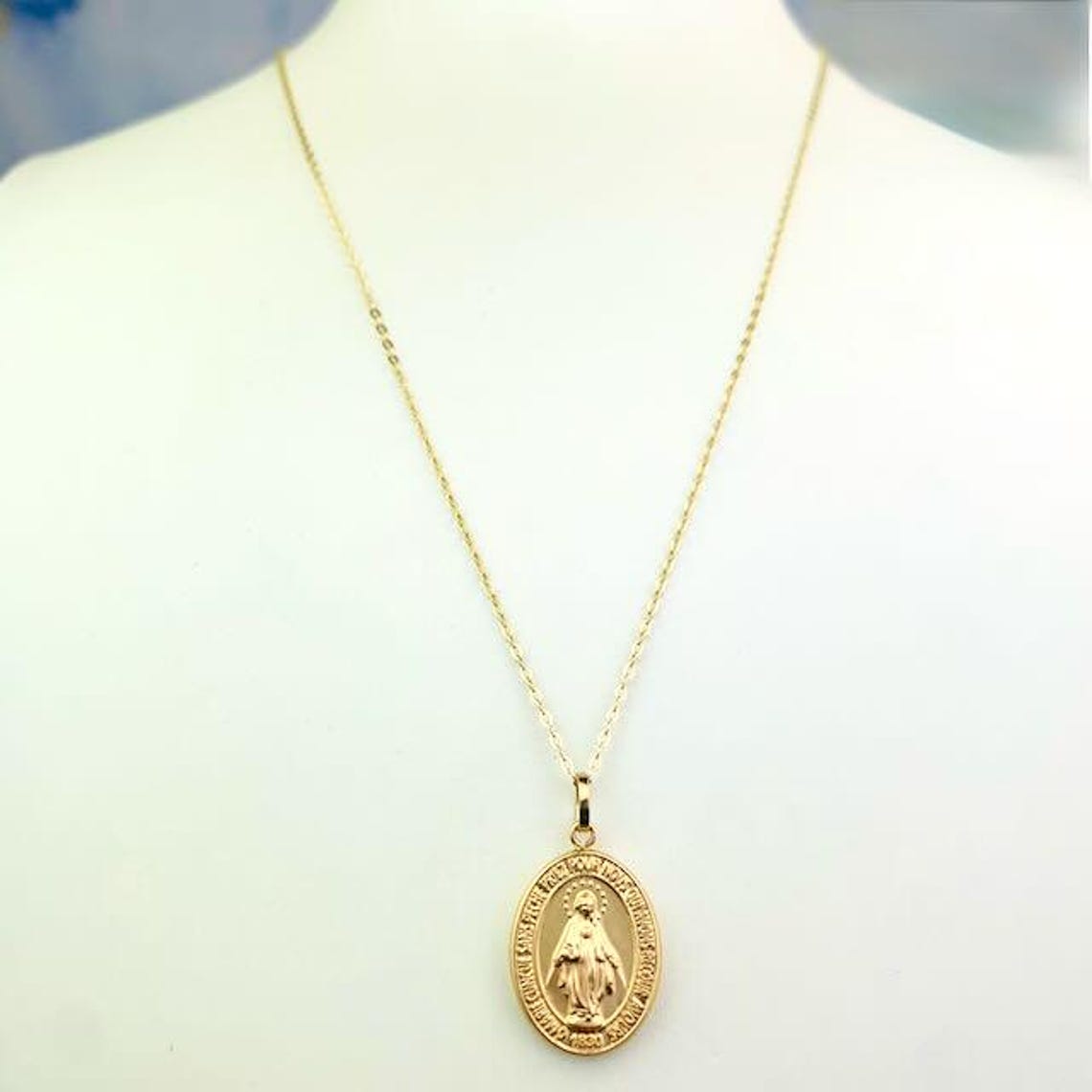 14K Yellow Gold Miraculous Medal Pendant: Virgin Mary Charm - Etsy