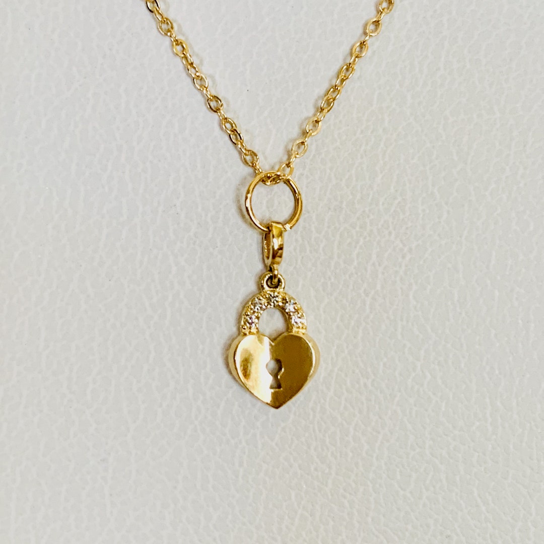 14K Solid Yellow Gold and Genuine Diamond Delicate Heart Padlock Charm ...