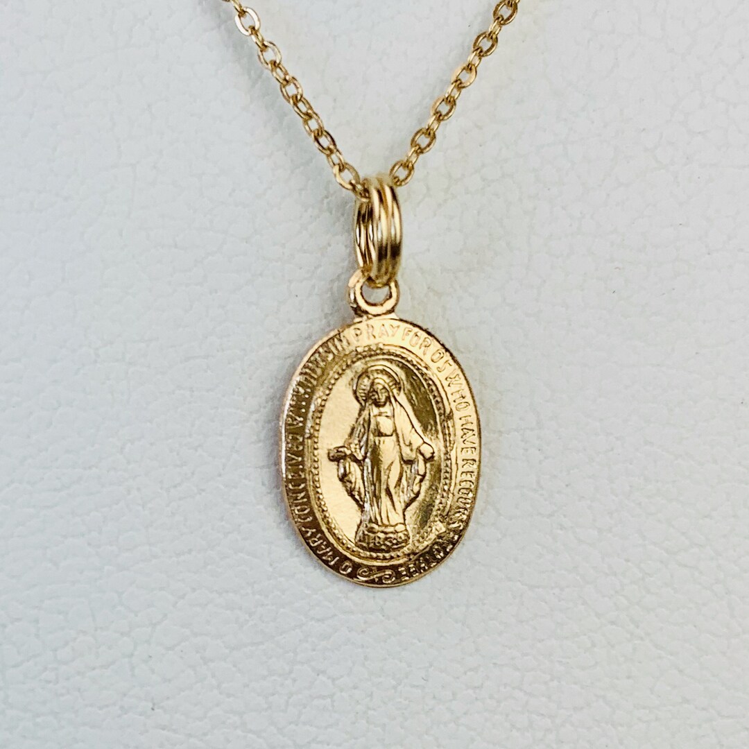 14K Yellow Gold Miraculous Medal: Virgin Mary Charm Pendant - Etsy