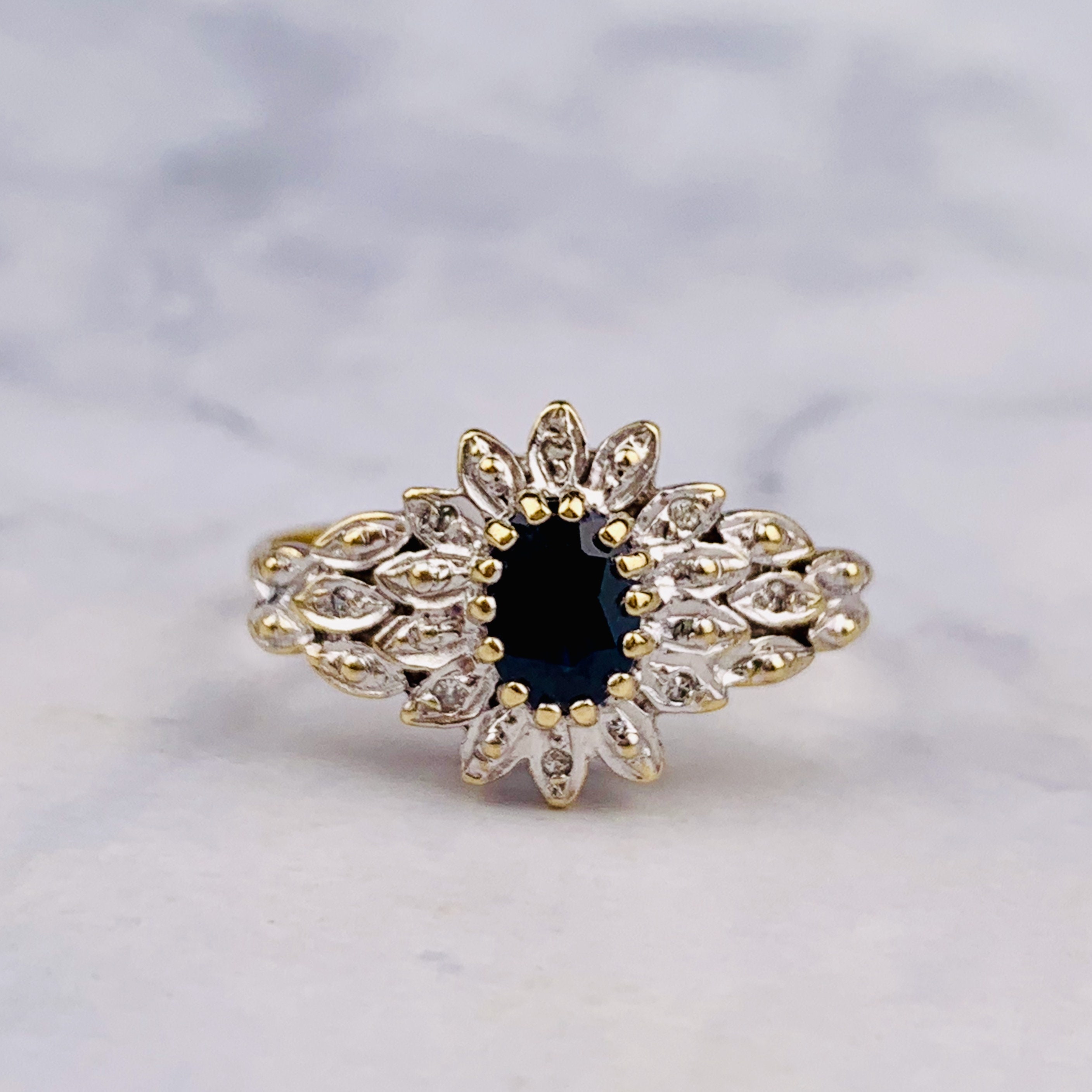 Vintage 9K / 9ct Gold Oval Sapphire and Diamond Chips - Etsy