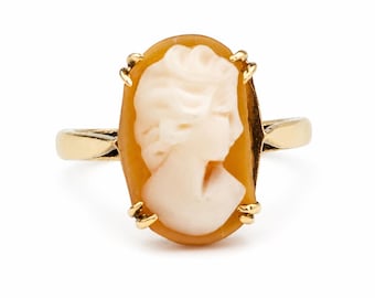 Vintage 9 Karat Gelbgold Muschel Cameo Ring, Oval Cameo Ring, Größe 6.25 Gold