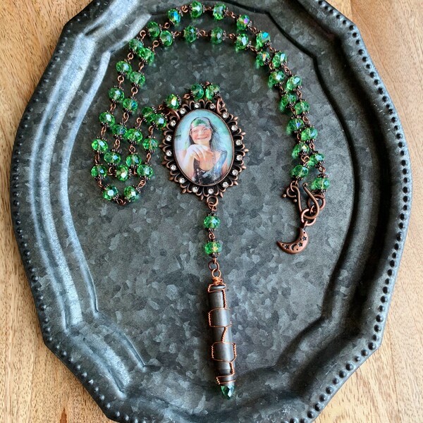 Janis Joplin Beaded Necklace Rosary Style Wire Wrap Recycled Bullet with Crystal and Rondelle FacetedCrystals Copper and Rhinestones