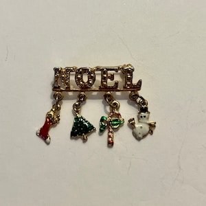 Vintage Noel Christmas Brooch / pin / goldtone with stocking, tree, candy cane and snowman dangles / estate jewelry / costume jewelry