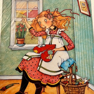 Vintage Mary Engelbreit MENDING a HEART Iron-On Transfer / Daisy Kingdom / #6502 / crying girl / sewing / fabric heart / saying above