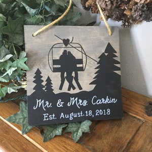 Bride and Groom on ski lift, 2 SKIERS,wedding, established, Personalized, wedding gift, bridal shower gift, rustic wedding