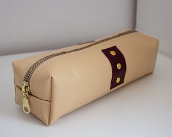 Handmade leather pencil case (beige/bordeaux)