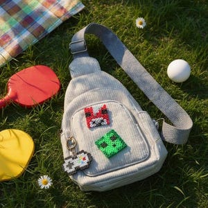 May include: A light grey corduroy sling backpack featuring a single adjustable shoulder strap and a front zipped pocket. The bag is decorated with a red square pixelated patch, a green square pixelated patch, and a hanging pixelated game controller charm.