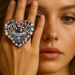 May include: A heart-shaped ring with a beaded design. The ring features a central eye motif, surrounded by pink, blue, and white beads. The ring is worn on a finger, partially obscuring the face. The ring is a statement piece.