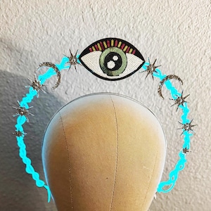 Sequin Evil Eye Light-Up Crown – Surrealism Sequin Cyclops Sparkle Headband with Light for Festivals, Raves, Burning Man - Goddess Headpiece