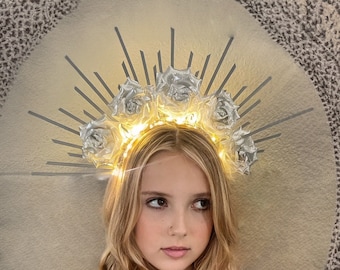 Light-Up Metallic Goddess Sunburst Headband Crown with Roses - Sunburst Rose Crown Illuminated Festival Accessory for parties or photoshoots