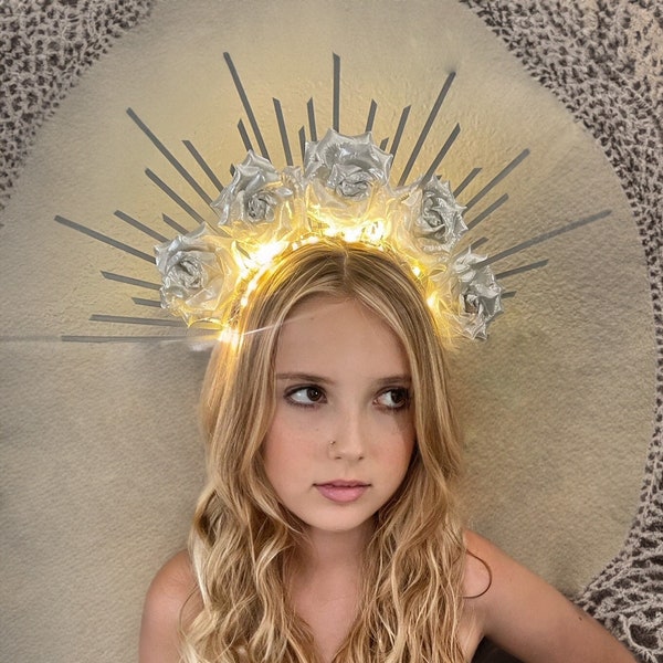 Light-Up Metallic Goddess Sunburst Headband Crown with Roses - Sunburst Rose Crown Illuminated Festival Accessory for parties or photoshoots