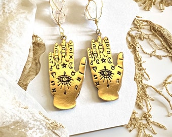 Celestial Hands Gold Dangle Earrings with Genuine Joshua Tree Quartz Crystals  - Gothic Gypsy Boho Style - Evil Eye - Palm Reader