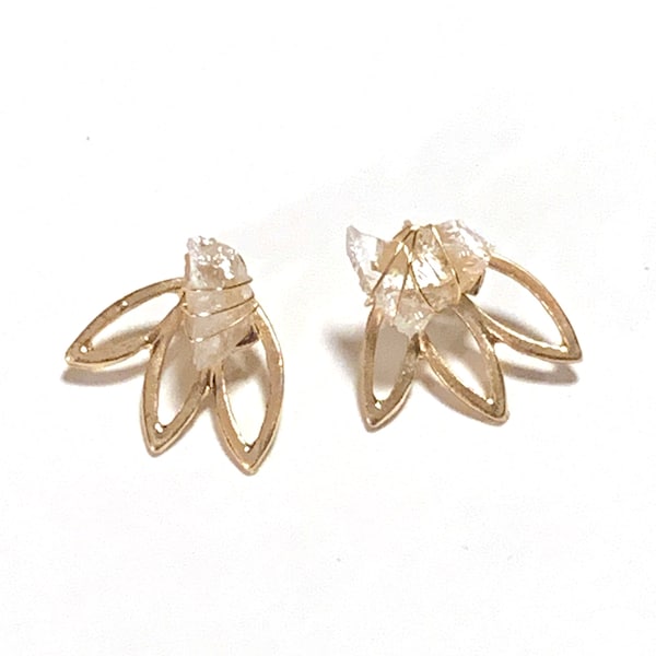 Ear Jacket Double Lotus Earrings -Genuine Joshua Tree Raw Quartz Crystal   - 3D ear cuffs / drop leaf studs / gemstone / hippie studs