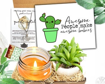 Awesome People Make Awesome Babies - Succulent and Real Crystal Necklace - Congratulations Gift Box - Pregnancy - New Mom - IVF - New Dad