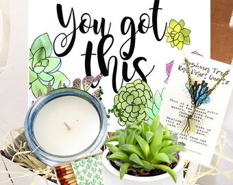 You Got This Live Succulent Gift Box Set - Joshua Tree Quartz Necklace & candle - Send a Gift / Cheer Up / Get Well / Miss You / Birthday